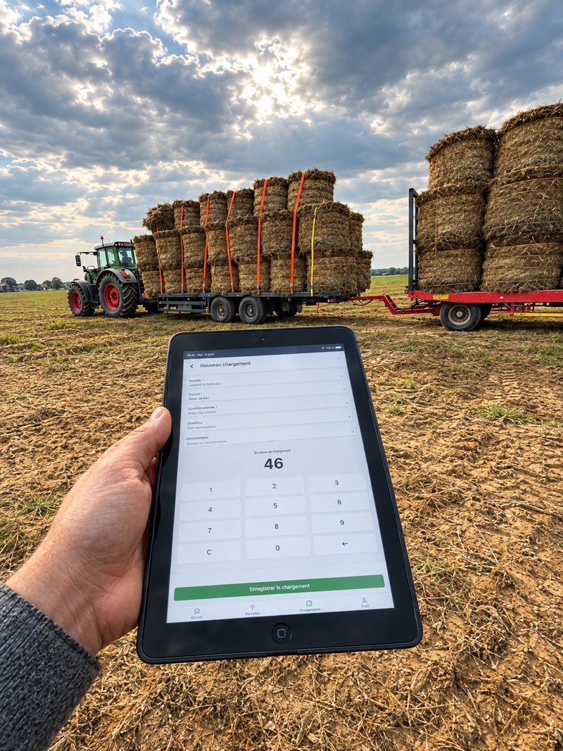 L'application utilisée au champ sur un iPad, devant un chargement de ballots