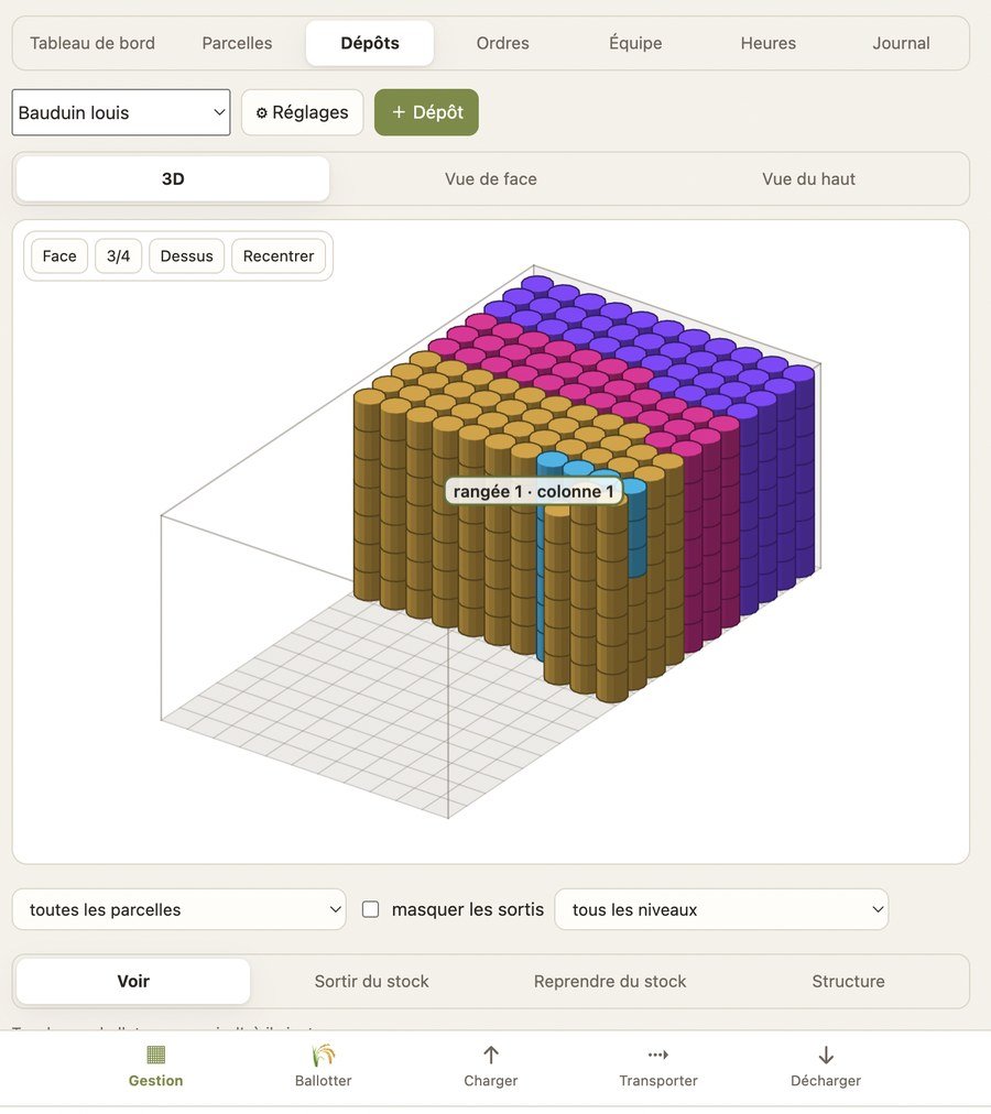 Plan du dépôt en 3D où chaque pile de ballots est localisée