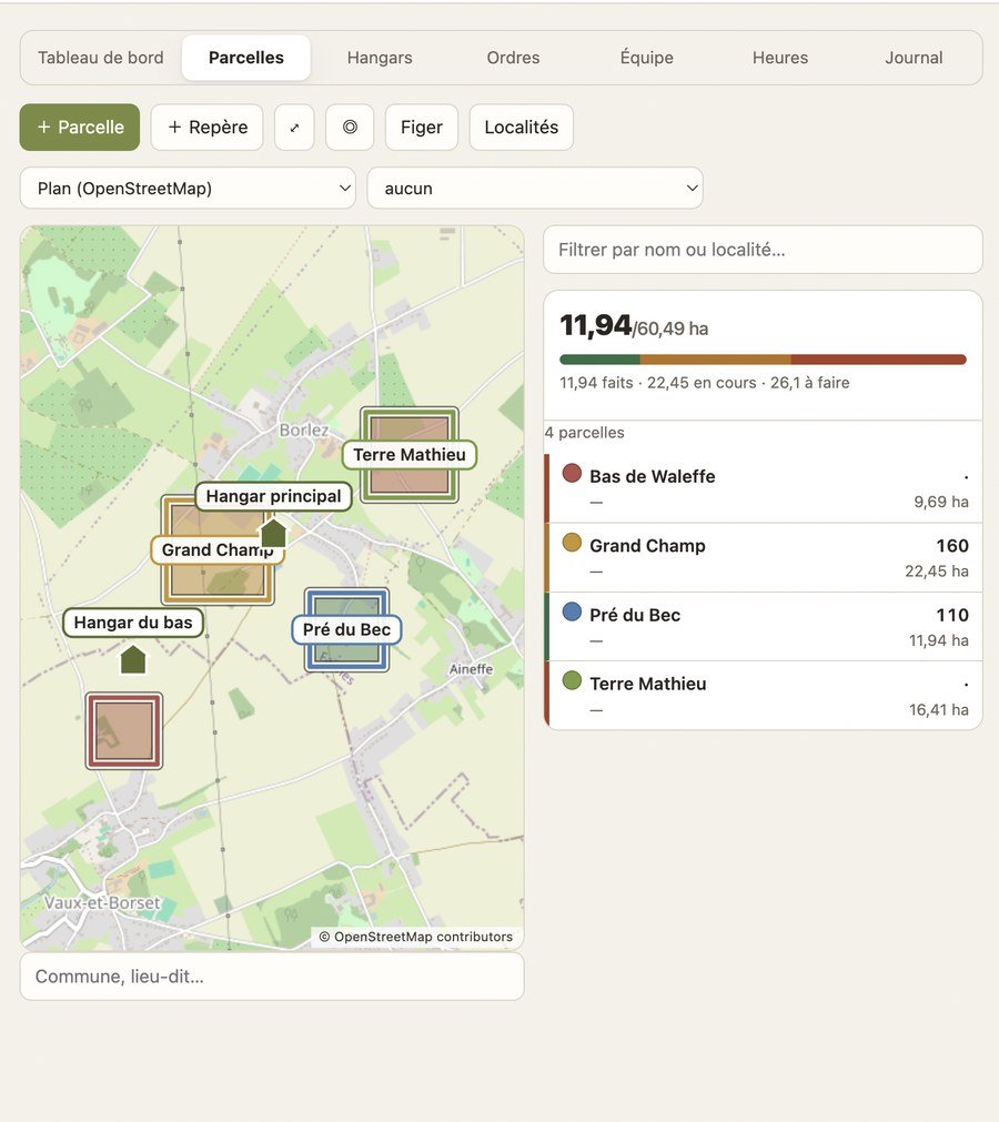 Carte des parcelles avec l'avancement en couleurs et le compte d'hectares